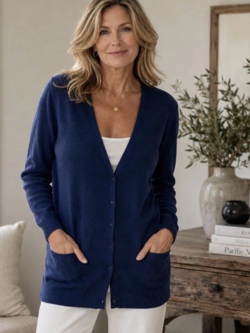 Pure Collection 100% Cashmere Longline Cardigan Navy Blue US 8/10 Pockets NWOT